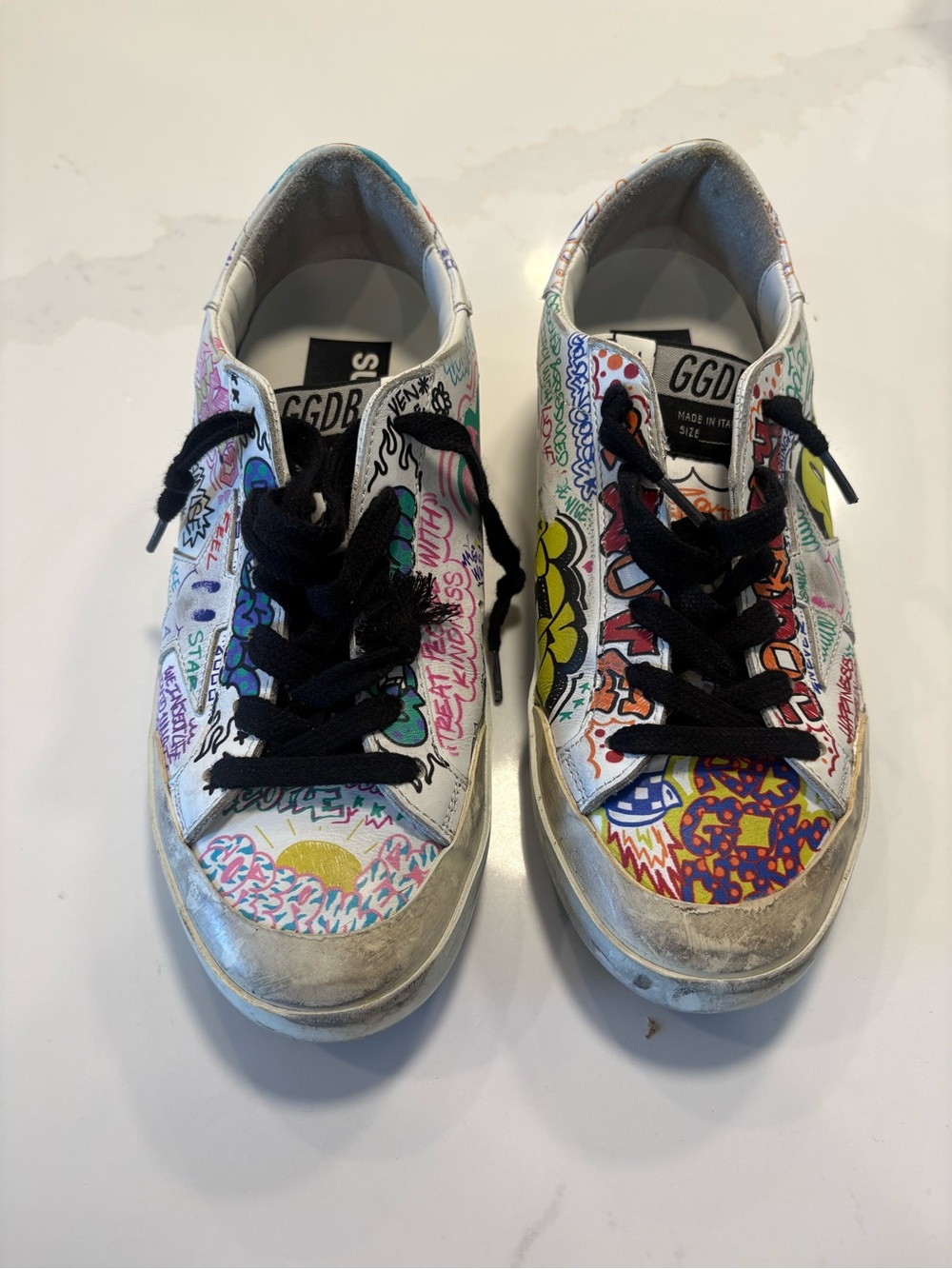 Golden Goose Graffiti-Print Low Top Sneakers in White with Multicolor Accents